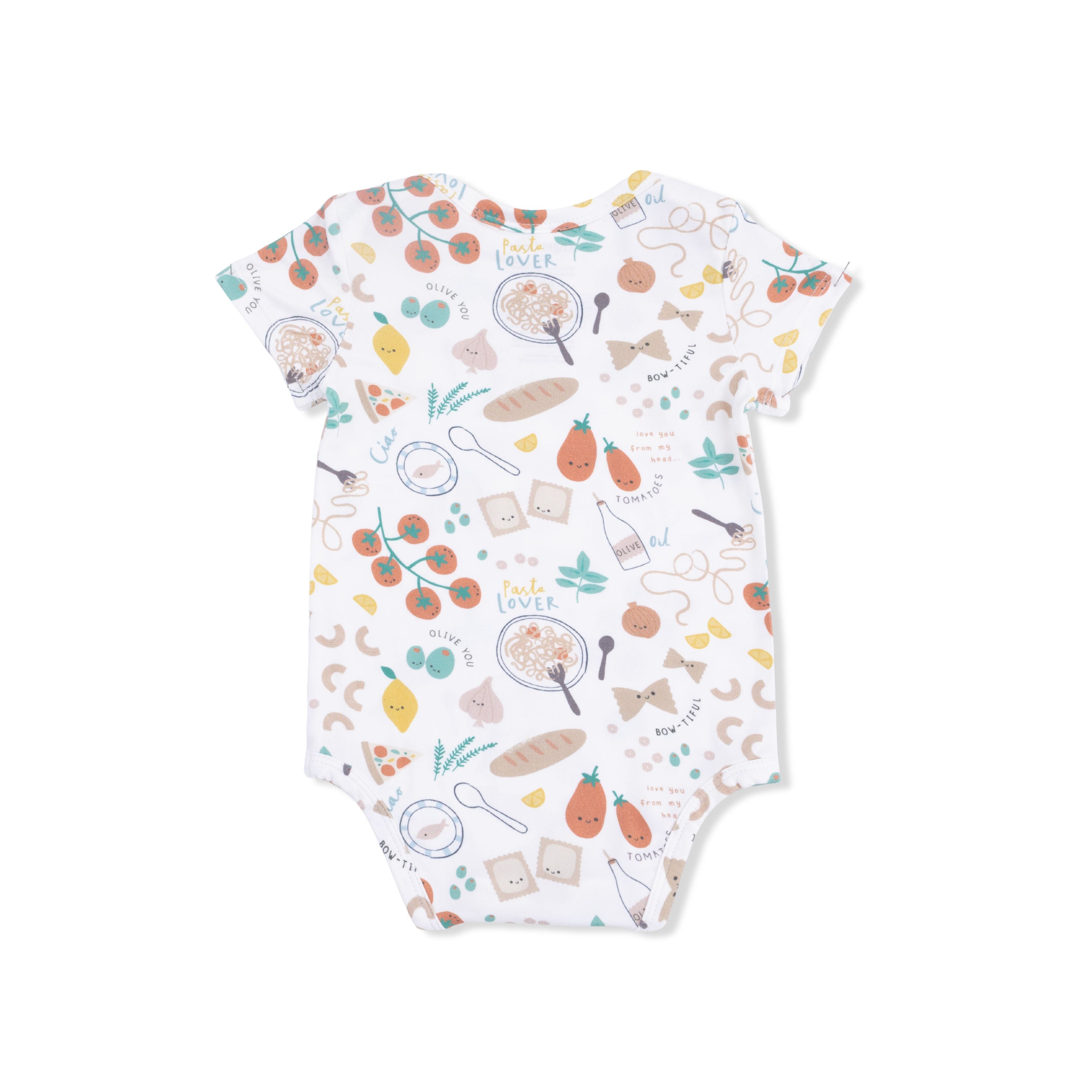 gender neutral short sleeve baby onesie with pasta print