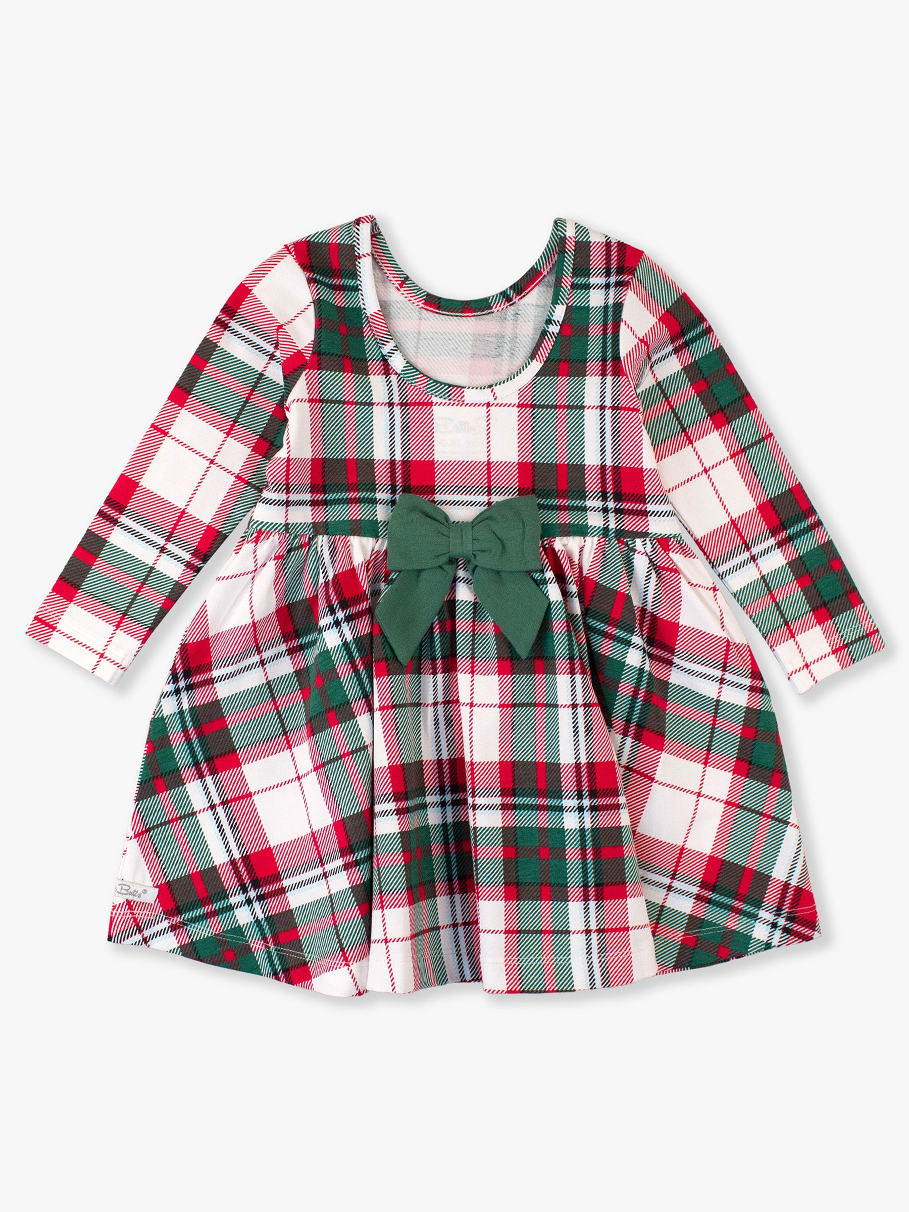 holiday plaid twirl dress with bow on back