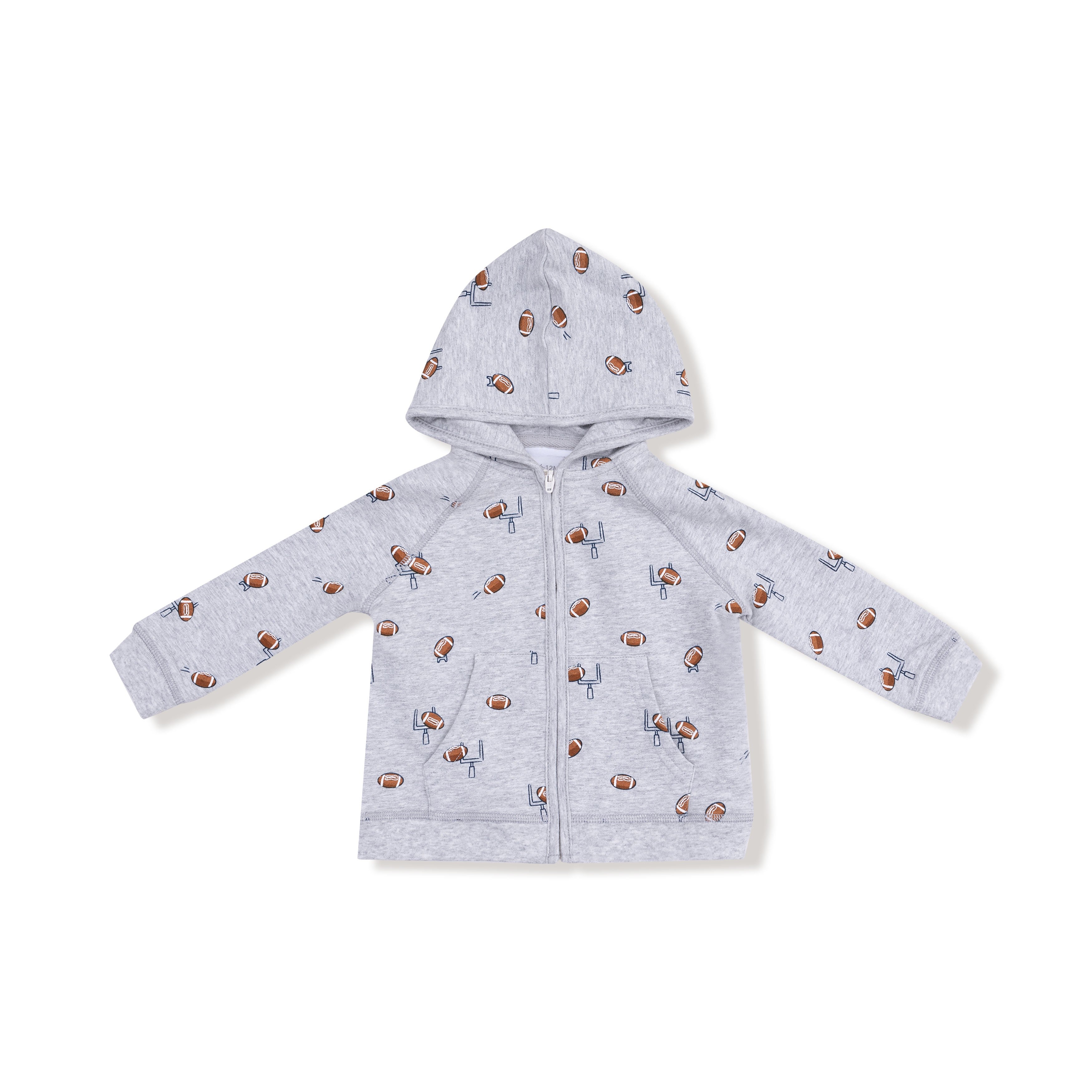 hooded sweatshirt with front zip and football print