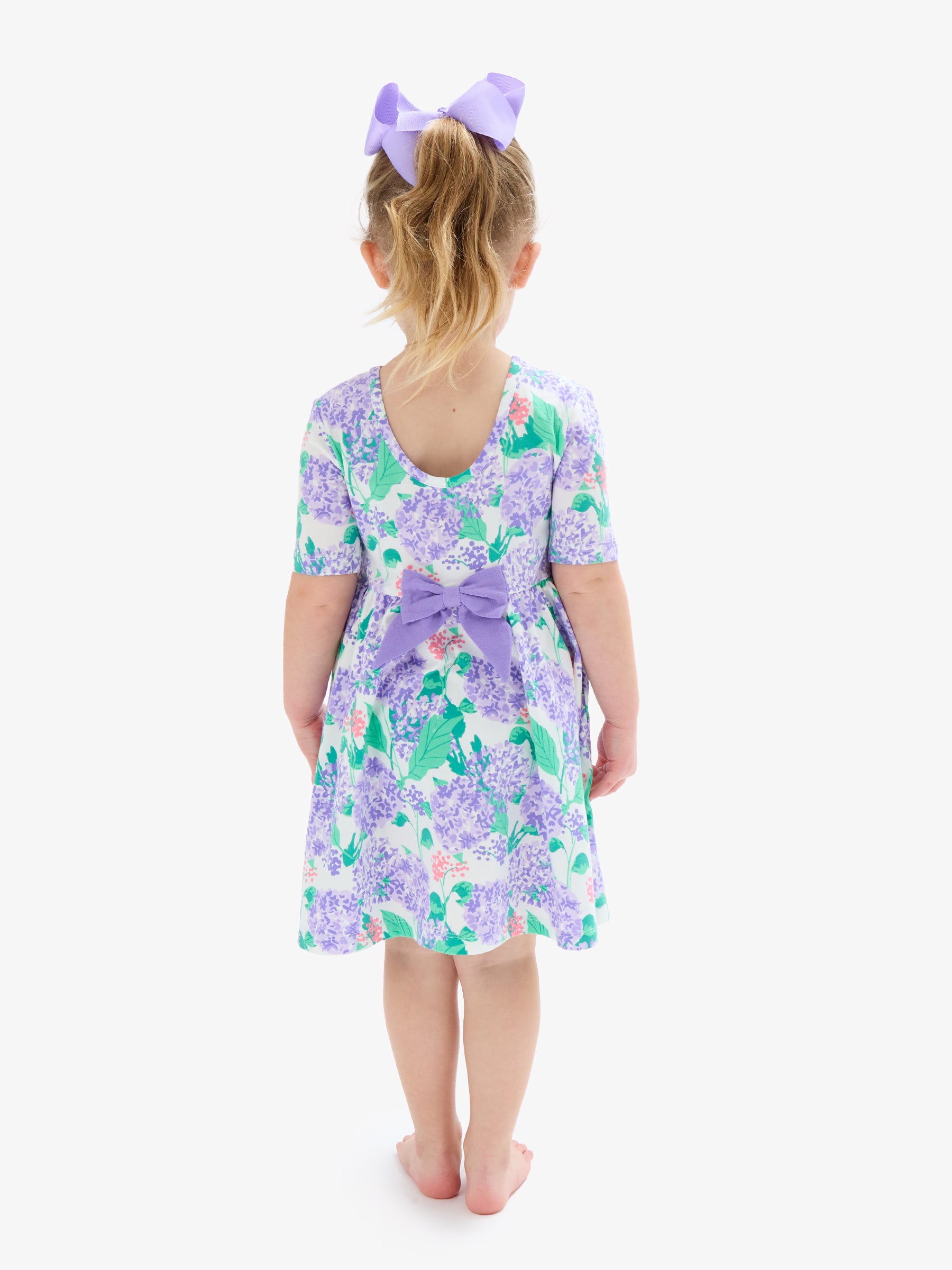 hydrangea print toddler dress with purple bow