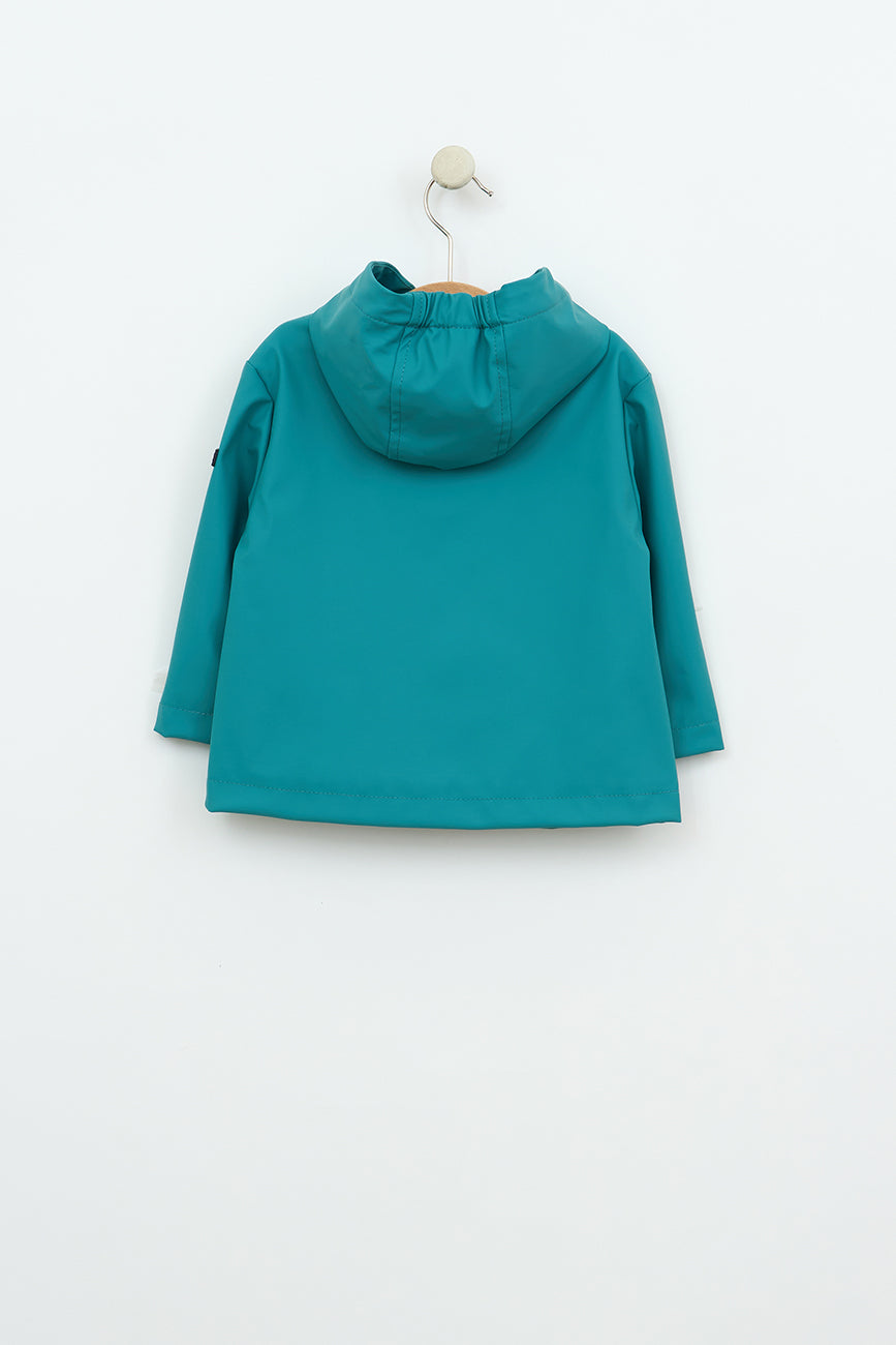 infant raincoat in teal with cinched hood