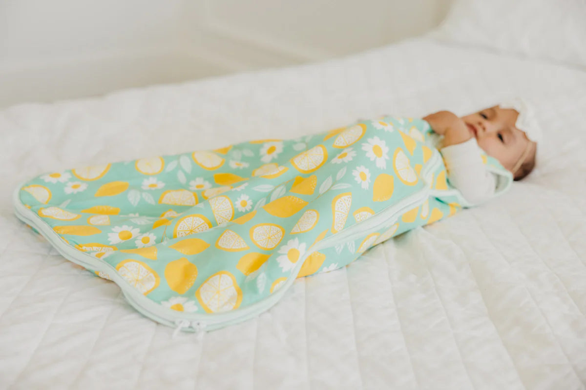 Lemon print sleep sac for infants in light blue