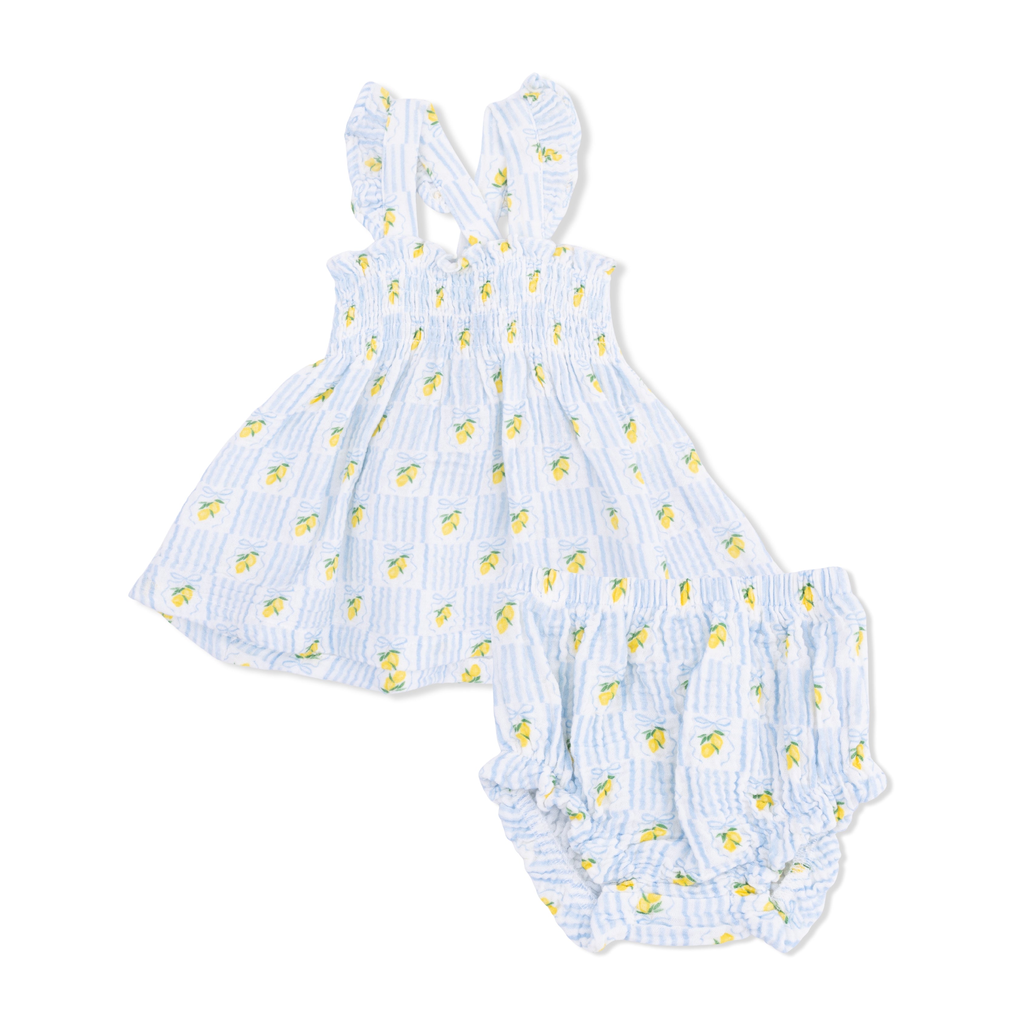 lemon and blue stripes smocked dress for baby girls