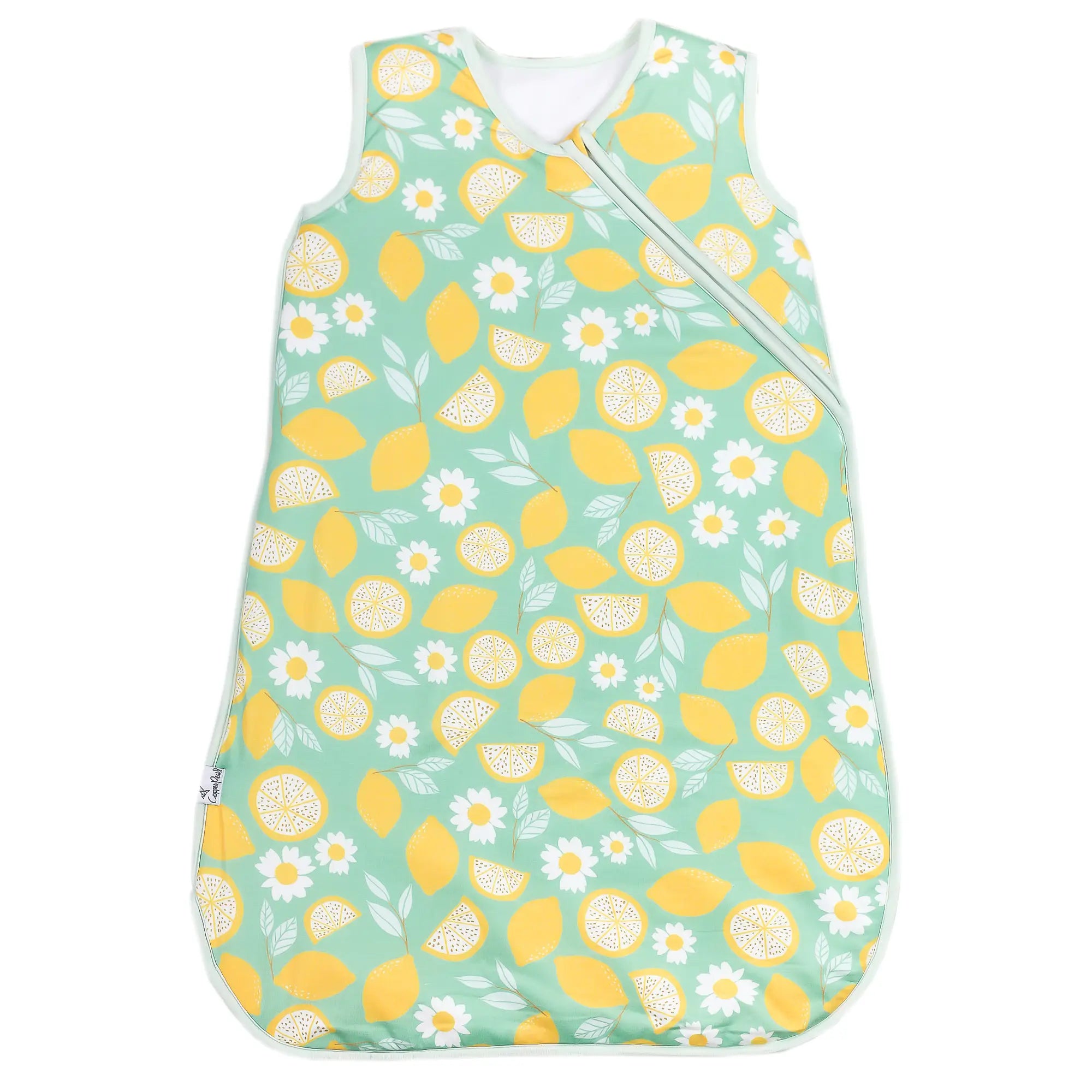 Light blue sleep sac for babies with lemon pattern