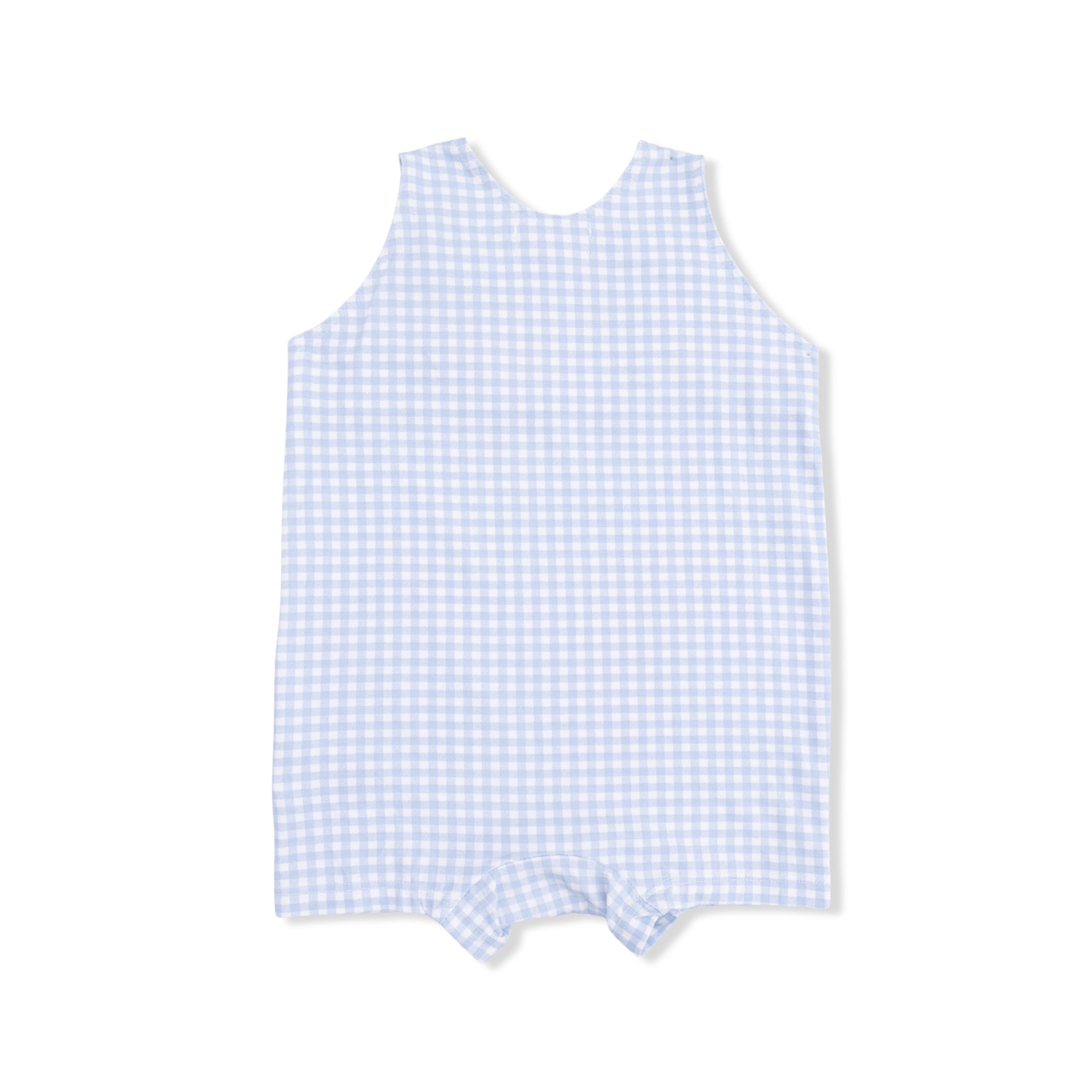 light blue gingham baby boy romper
