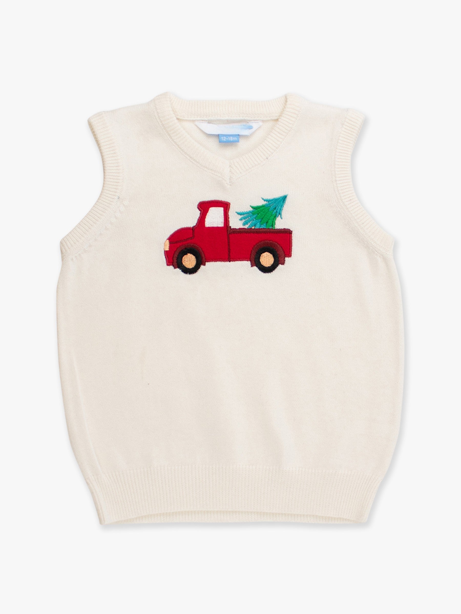little red truck and christmas tree sweater vest