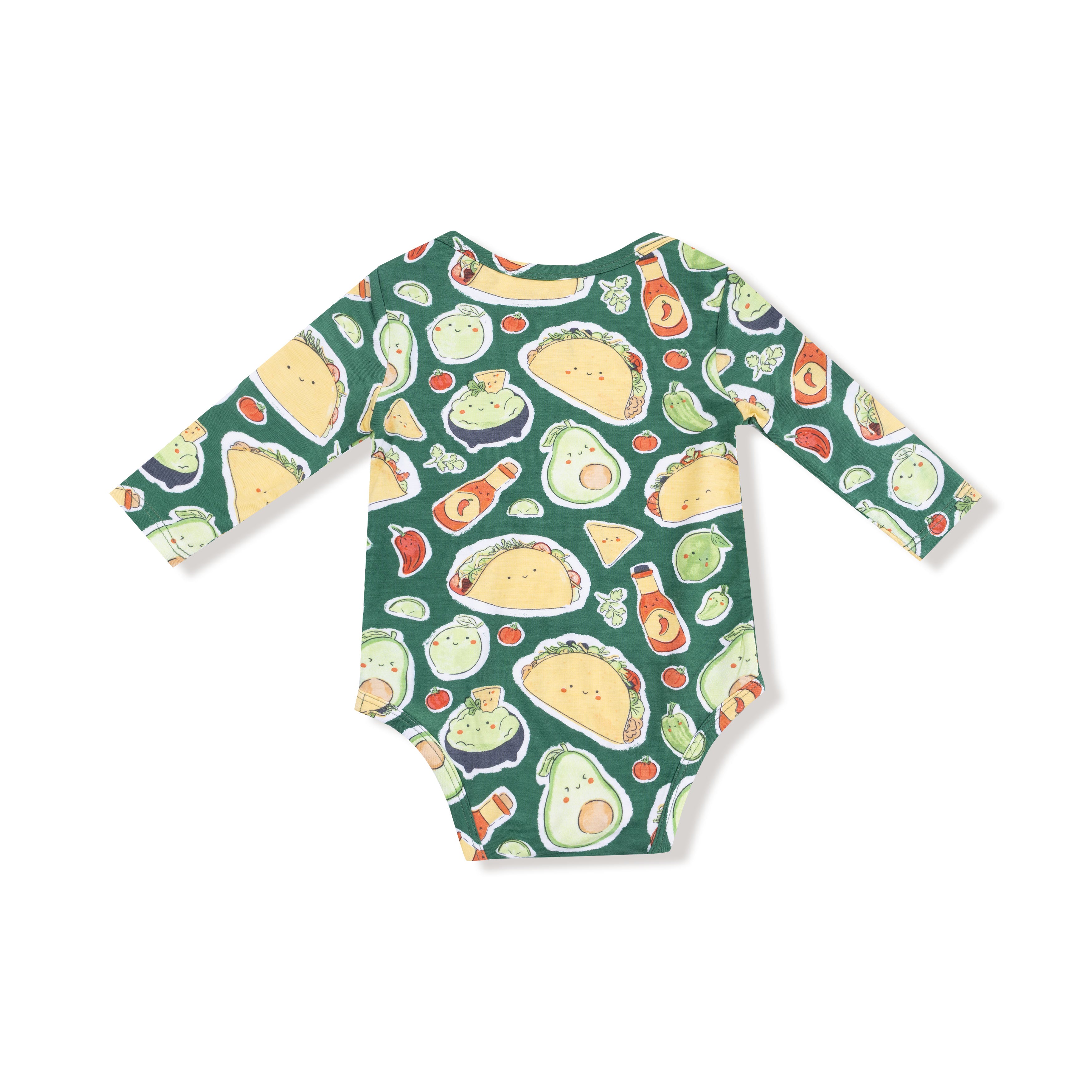 long sleeve baby onesie with taco tuesday theme