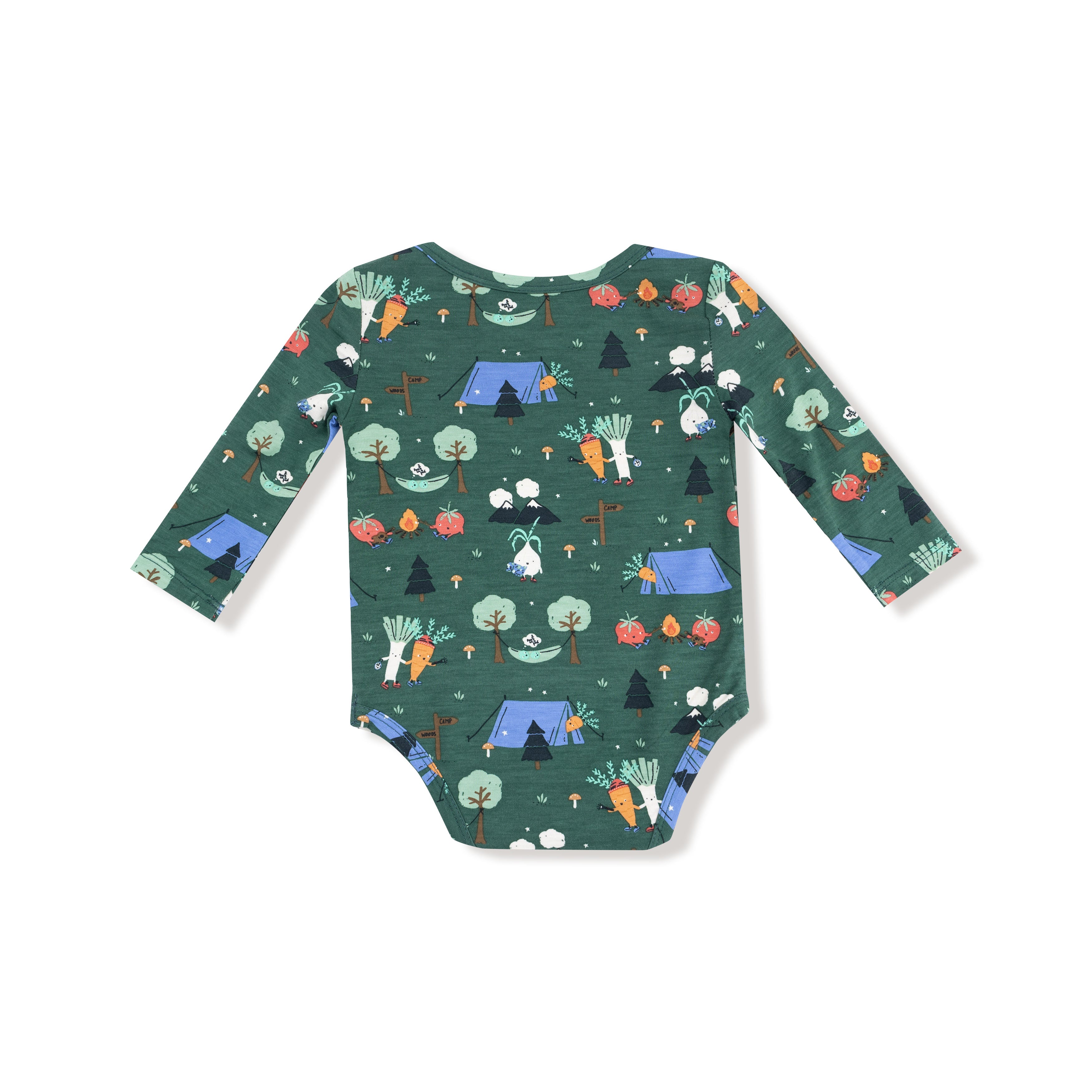 long sleeve onesie with whimsical veggies camping