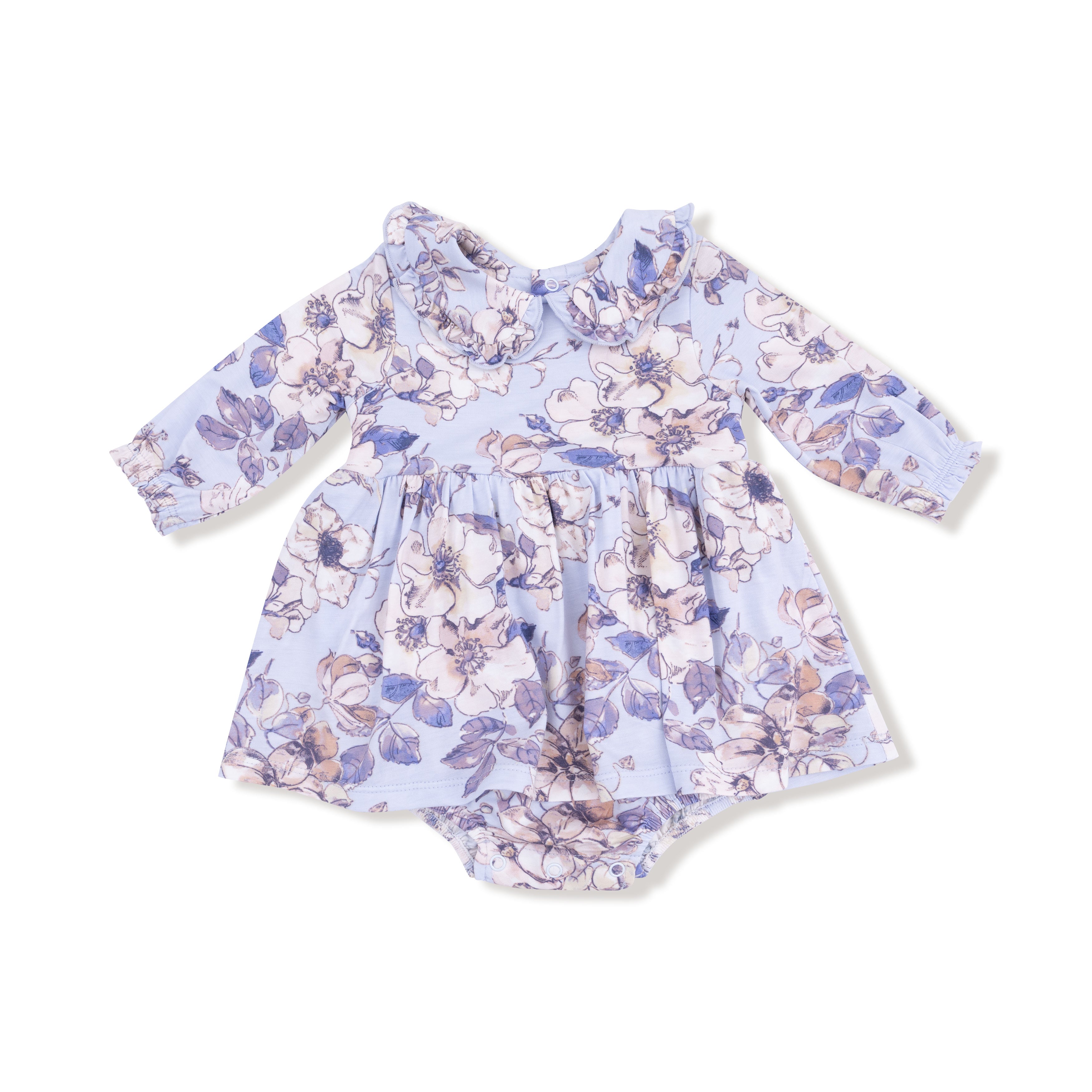 long sleeve skirted onesie with peter pan collar for baby girls