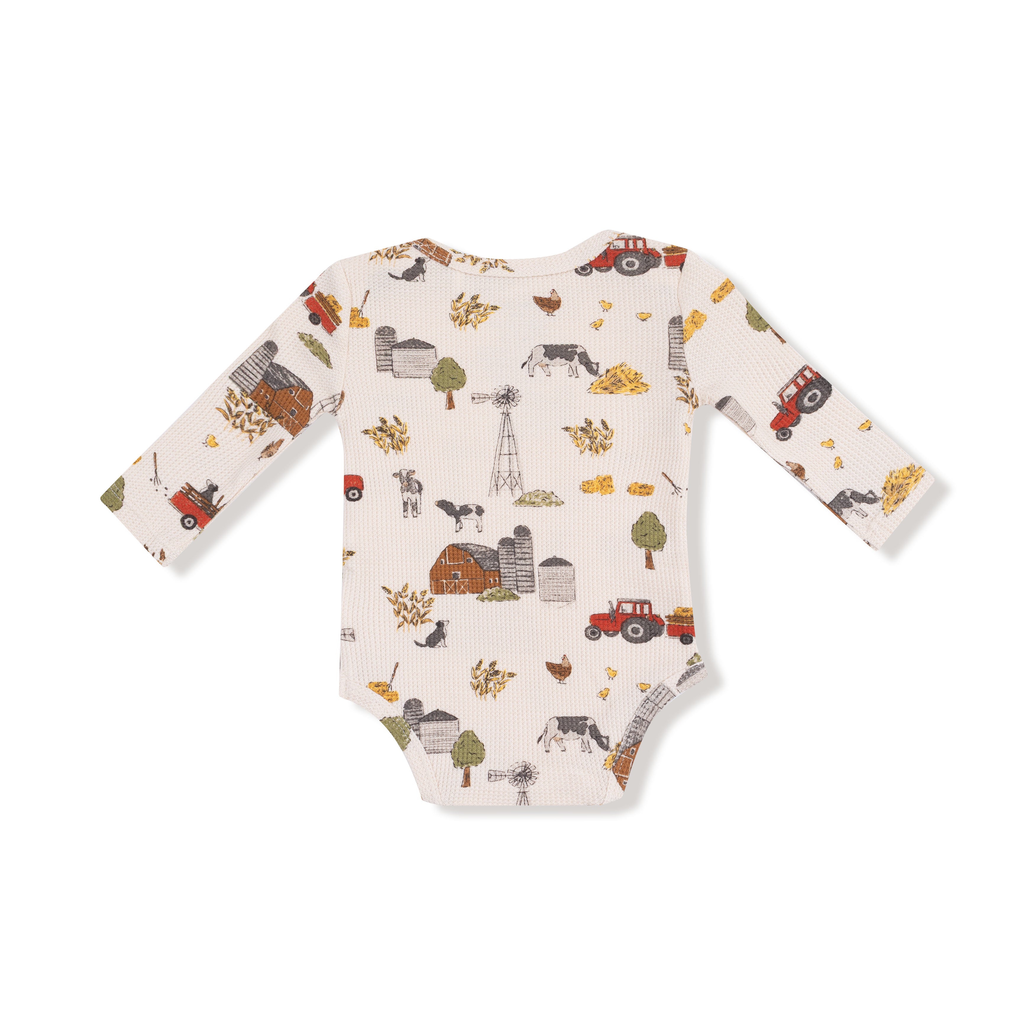 long sleeve waffle knit onesie with farm print