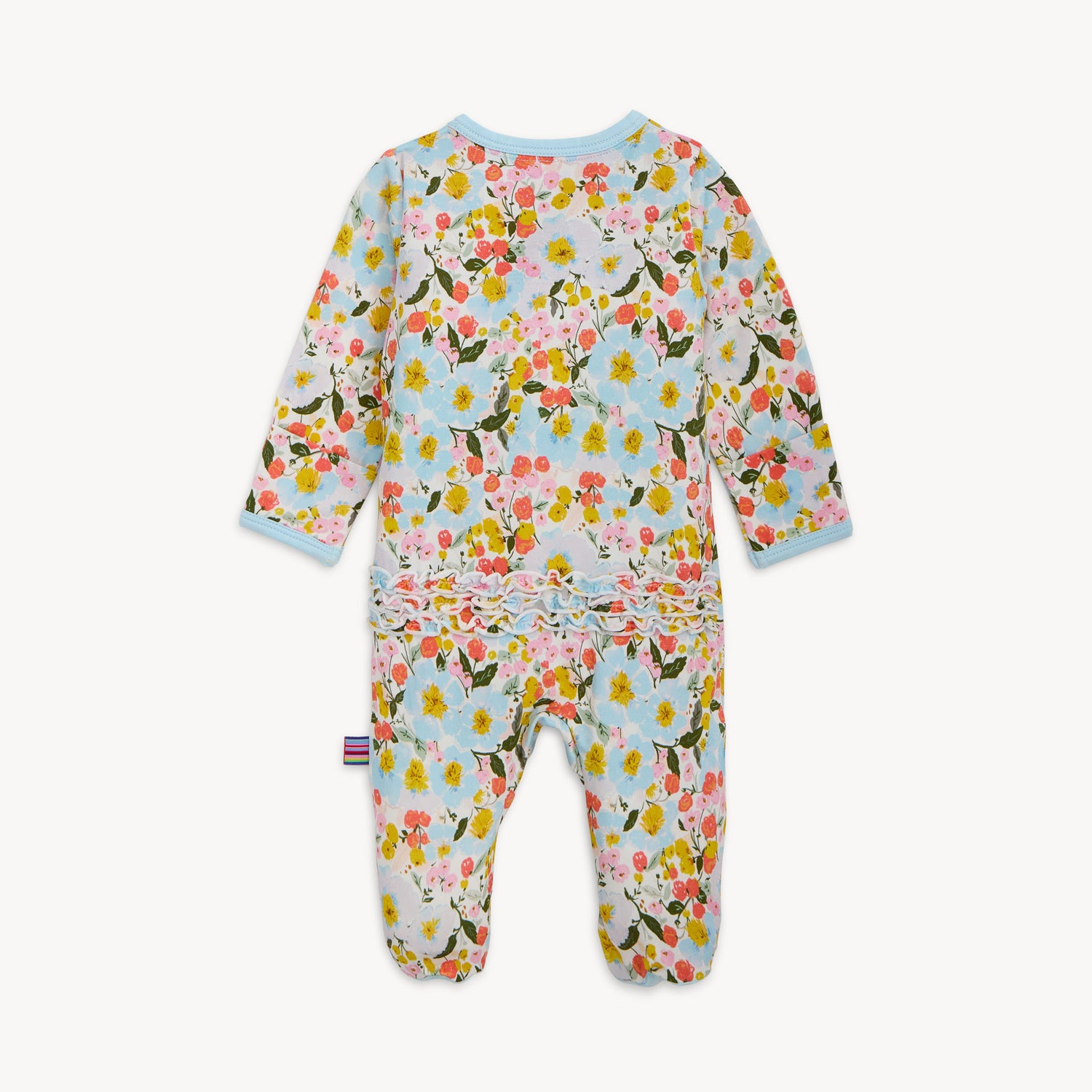 multi colored floral magnetic footie with ruffled butt