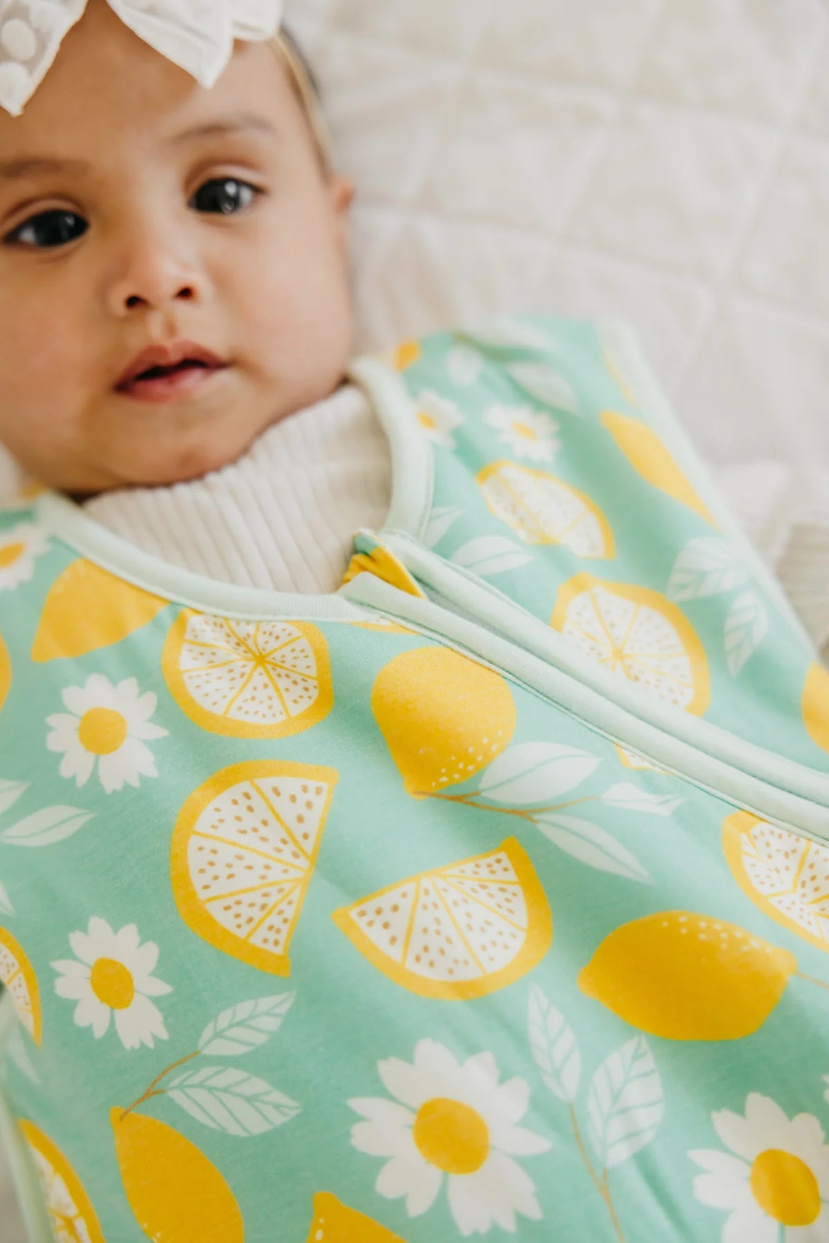 Organic light blue and lemon sleep sac for newborns