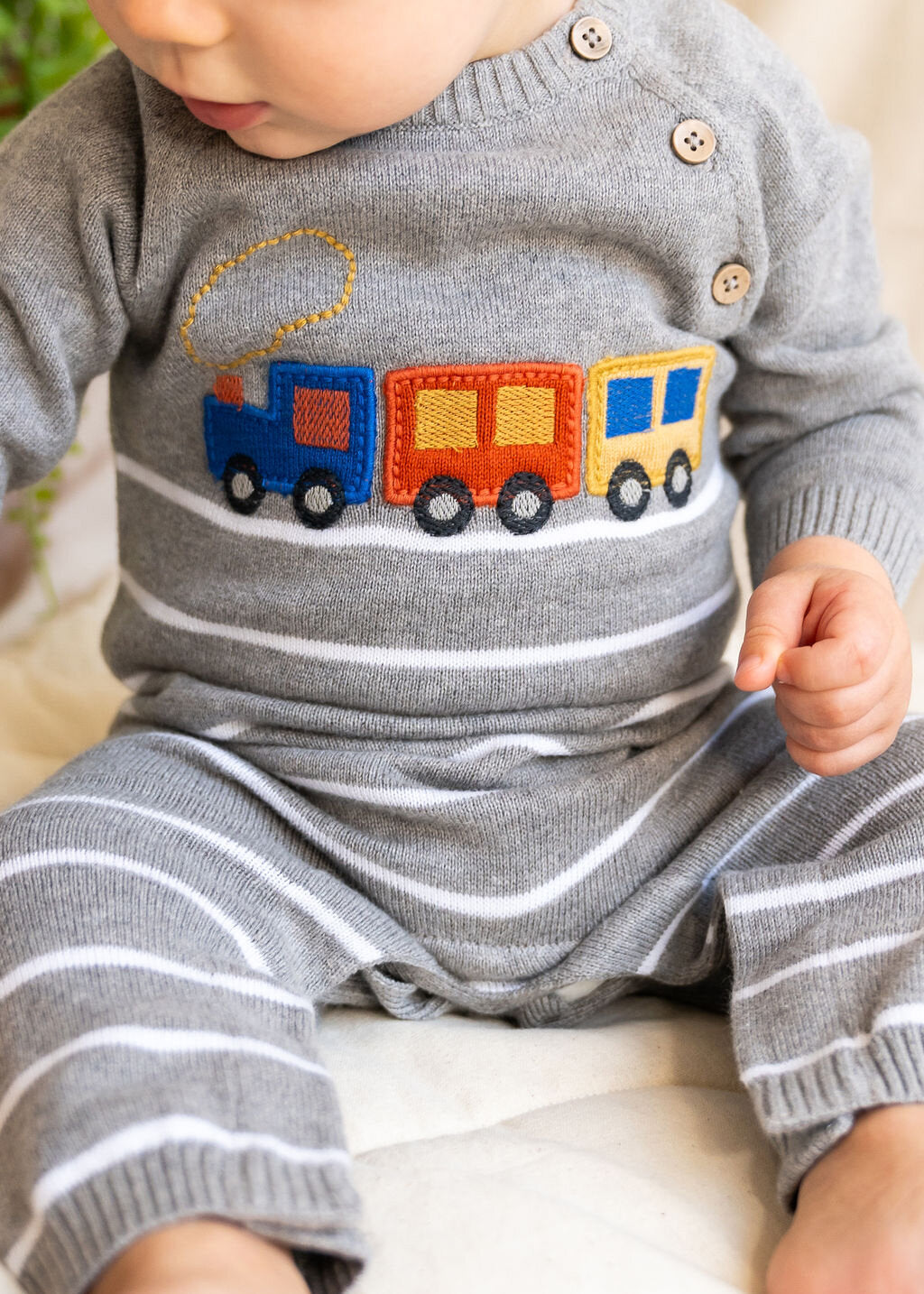 organic train embroidered baby outfit