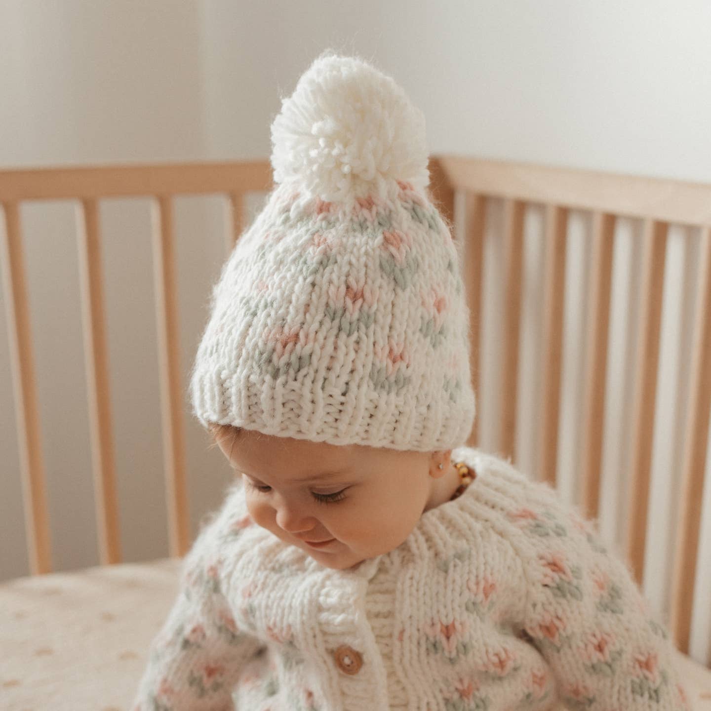 pink floral pom pom beanie