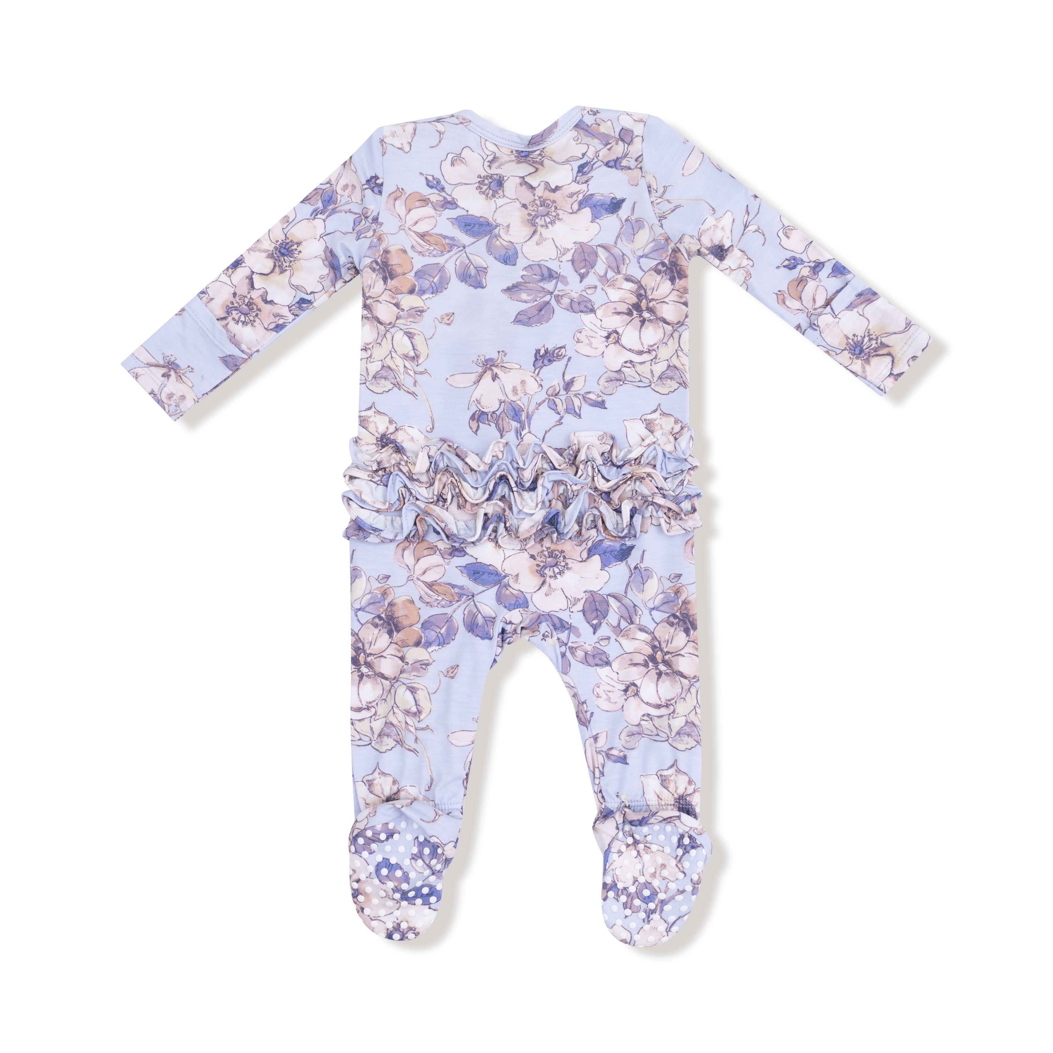purple floral footie pajama with ruffled back