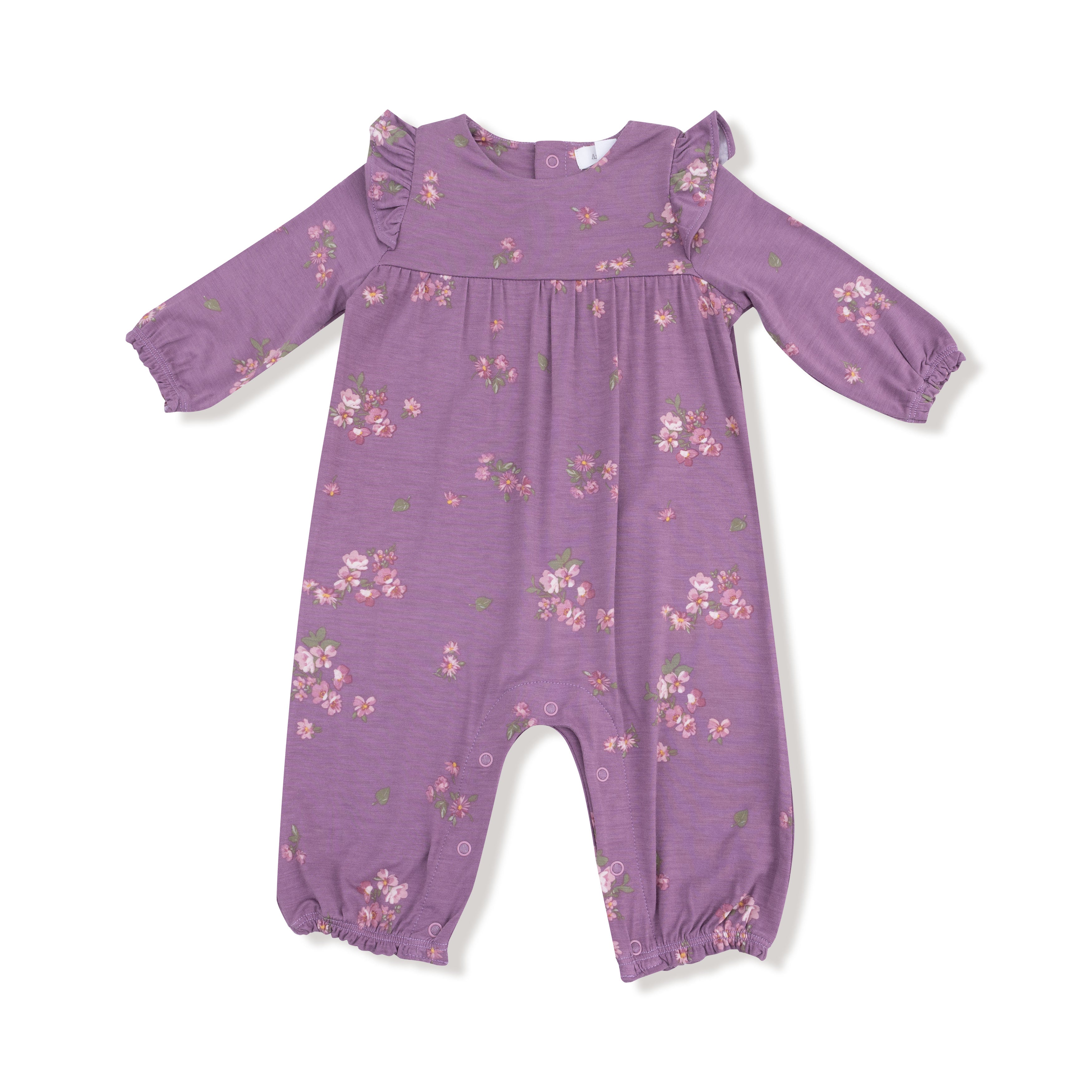 purple floral long sleeved baby romper with ruffled shoulder