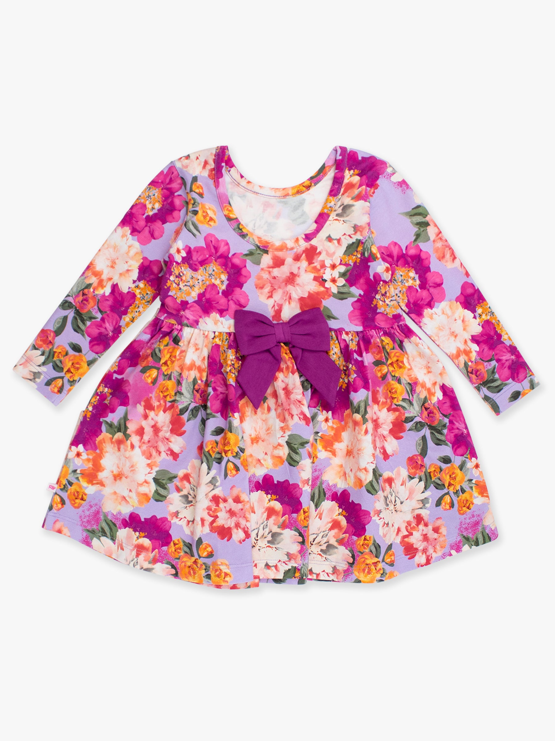 purple floral twirl dress for toddler with bow on the back