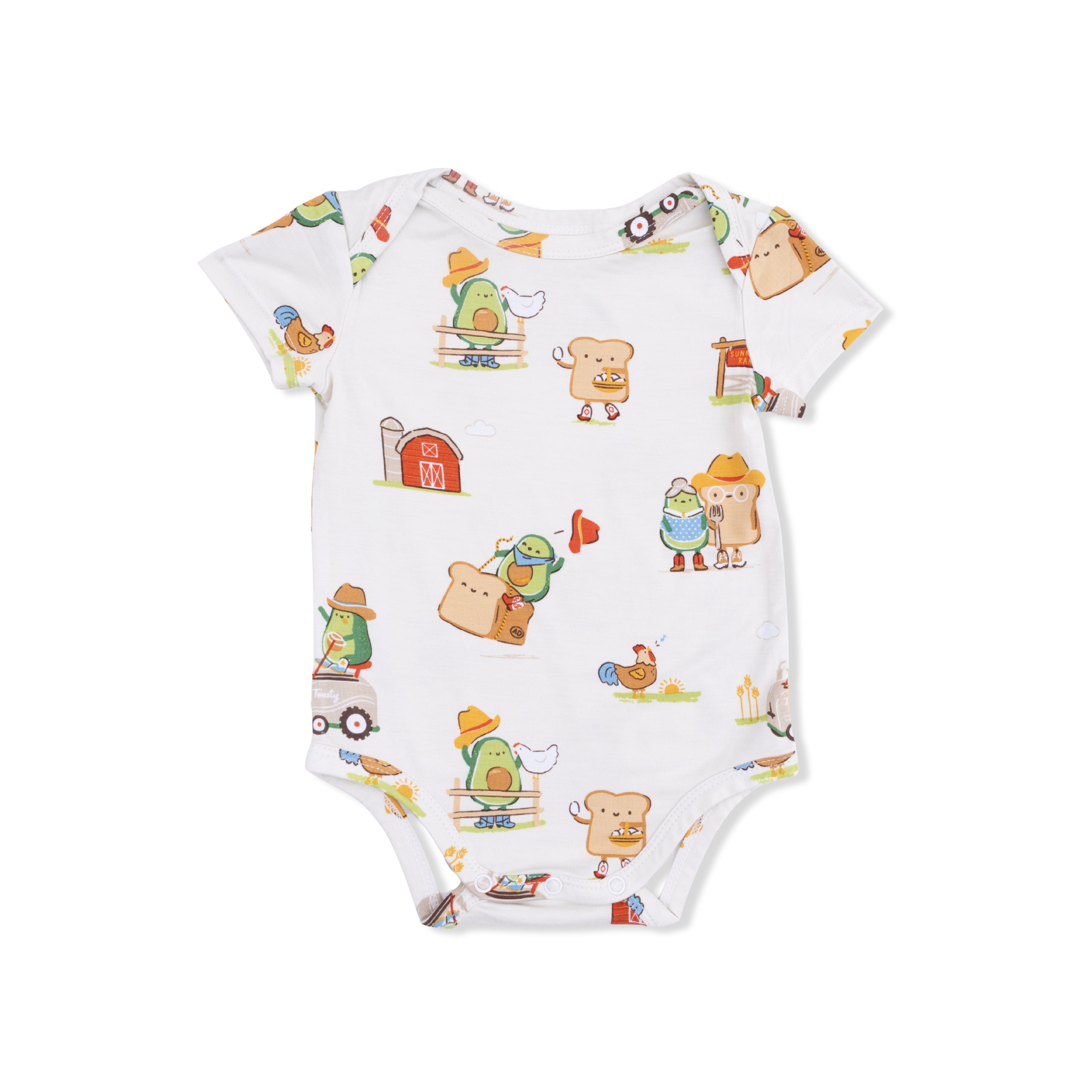 short sleeve baby onesie with avocado toast print