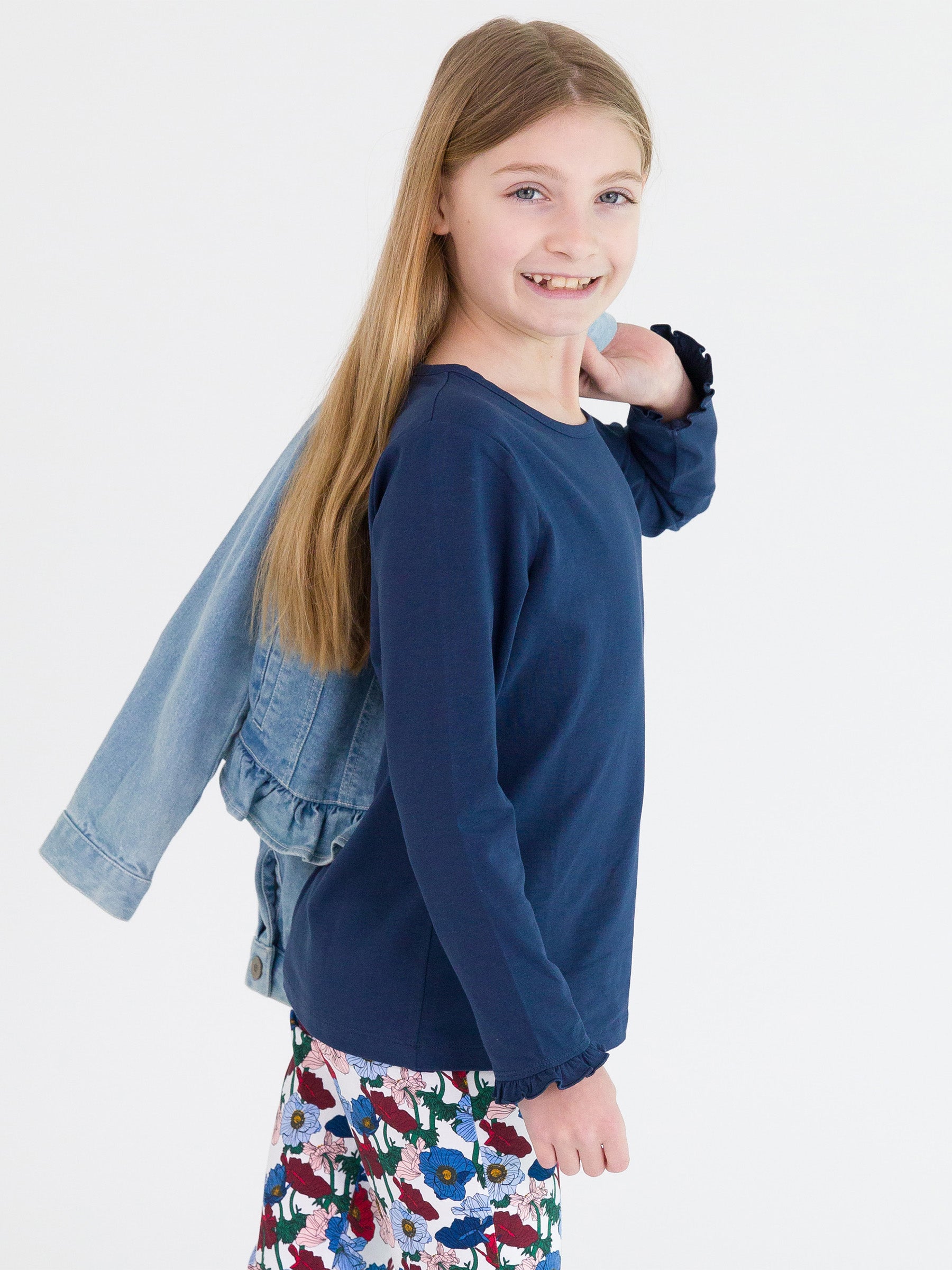 toddler girl blue long sleeve top with ruffles